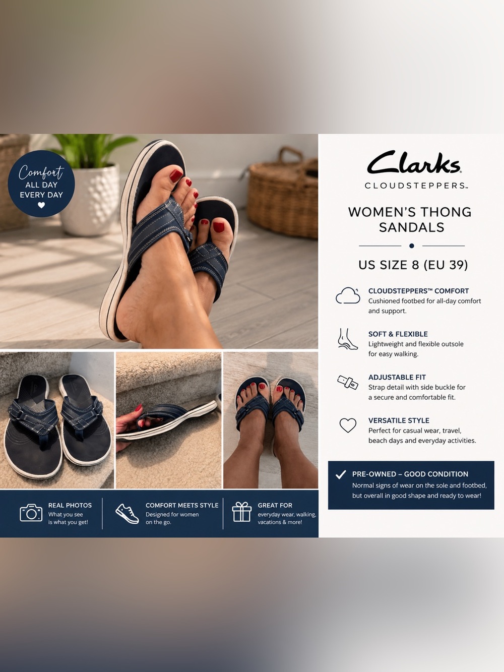 Clarks Women’s Navy Blue Casual Flip Sandals size 8